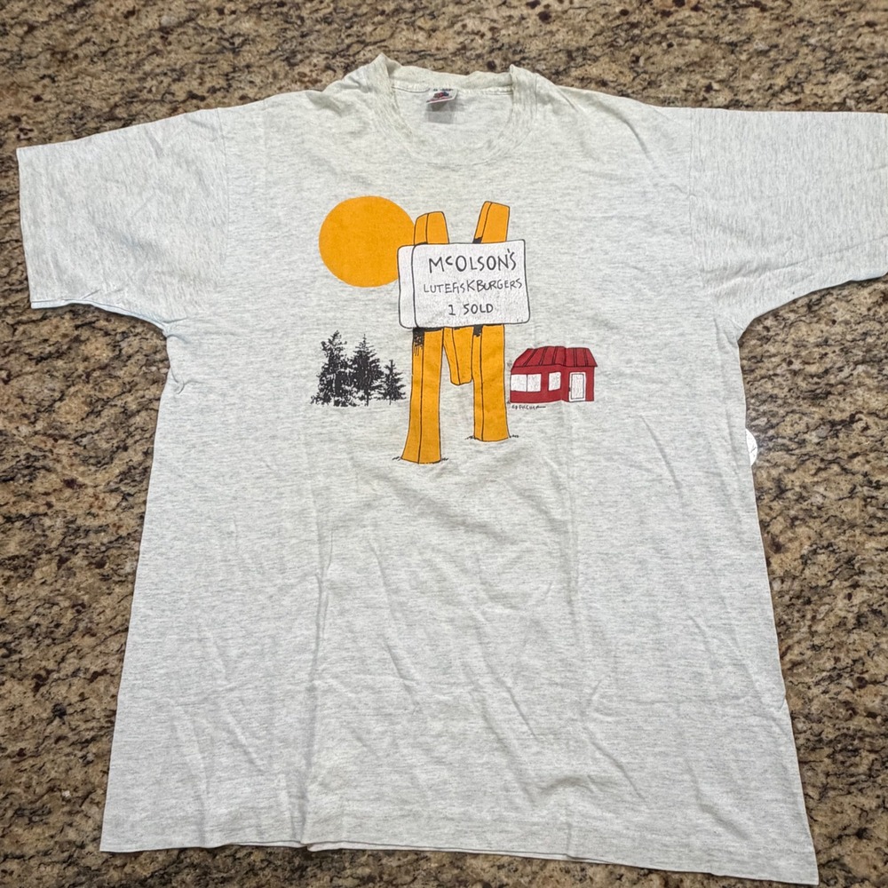 Vintage 90s Fruit of the Loom McOlson's Lutefiskburgers T-Shirt XL Gray USA Made